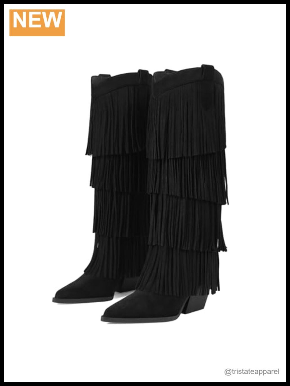 Fringe Knee High Cowboy Boots Chunky Heel Western Pointed Toe Slip on Wide Calf